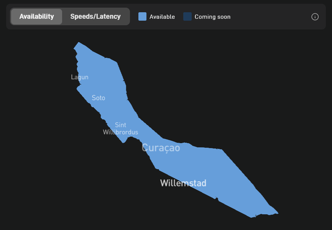 A dark-themed map of Curacao showing availability status, with the entire island shaded light blue indicating 'Available' coverage, and cities labeled including Lagun, Soto, Sint Willibrordus, Curacao, and Willemstad.