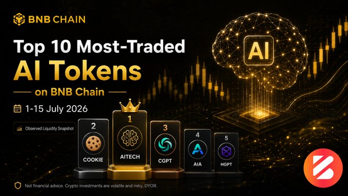 A BNB Chain promotional graphic titled 'Top 10 Most-Traded AI Tokens on BNB Chain' dated 1-15 July 2026, showing a leaderboard with COOKIE in 2nd, AITECH in 1st, CGPT in 3rd, AIA in 4th, and HGPT in 5th place.