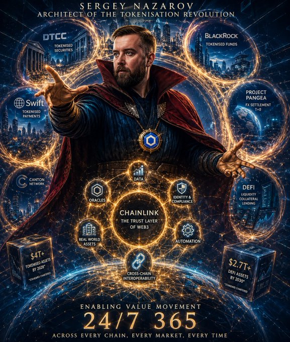 A digital poster featuring a bearded man in robes surrounded by glowing networks, with text including 'SERGEY NAZAROV ARCHITECT OF THE TOKENISATION REVOLUTION', 'CHAINLINK THE TRUST LAYER OF WEB3', 'BLACKROCK TOKENISED FUNDS', and '24/7 365'.
