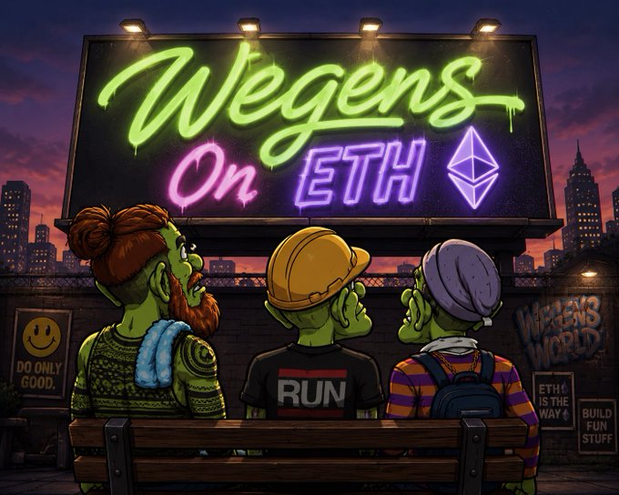 A cartoon illustration depicts three green-skinned characters viewing a neon billboard reading 'Wegens On ETH' with an Ethereum logo, against a city skyline.