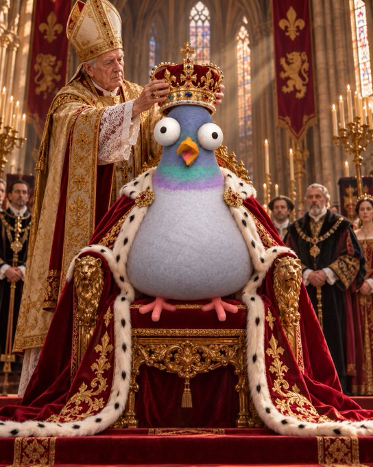 A digital illustration showing a pope placing a crown on a pigeon adorned with royal robes, seated on a throne in a grand cathedral setting.