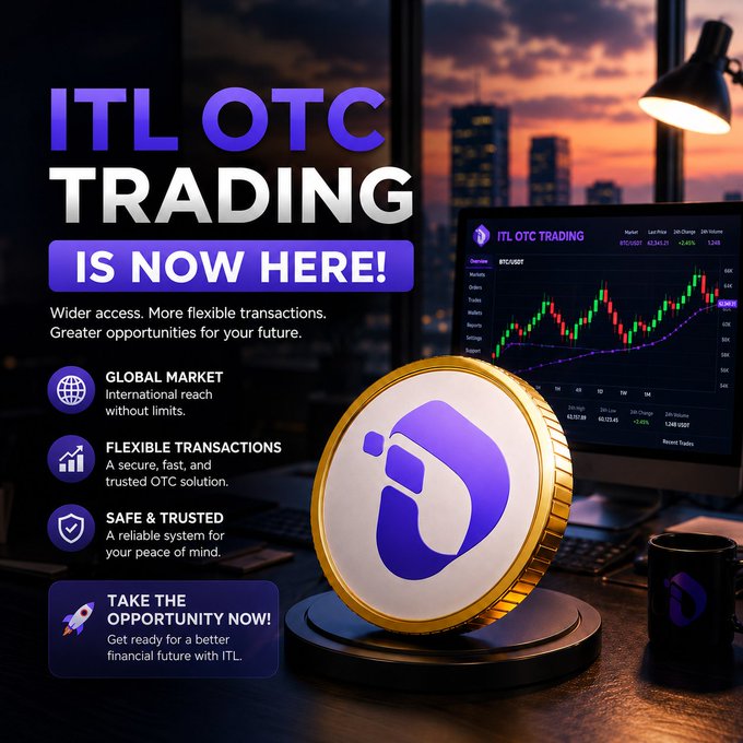 The image is a promotional graphic announcing "ITL OTC TRADING IS NOW HERE!" featuring a golden coin with the ITL logo, a trading chart on a monitor, and a nighttime cityscape, with text highlighting "GLOBAL MARKET," "FLEXIBLE TRANSACTIONS," and "SAFE & TRUSTED." A red mug also displays the ITL logo, reinforcing the brand's launch of over-the-counter trading for $ITL (ticker ITLG) on InterLink.