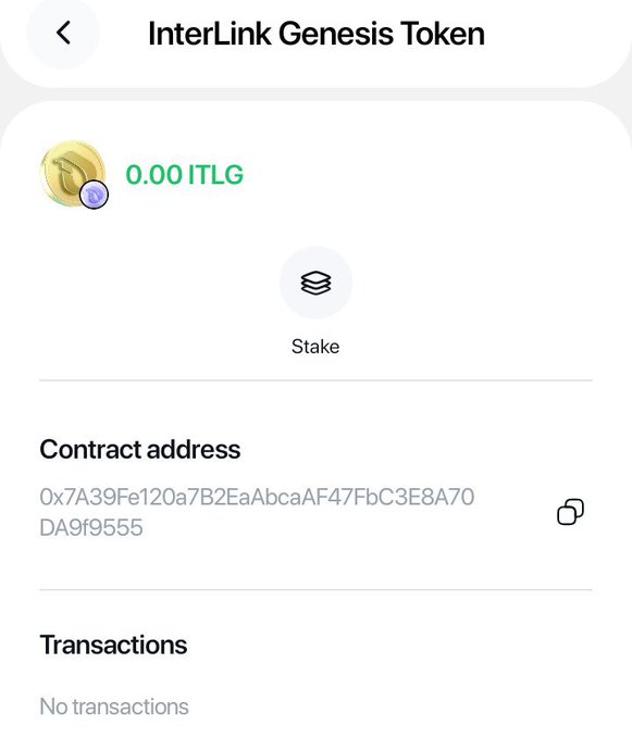 A screenshot of a crypto wallet interface shows an "InterLink Genesis Token" with a balance of 0.00 ITLG, a "Stake" option, and the contract address "0x7A39Fe120a7B2EaAbcaAF47bcE3A70DA9f9555" with no recorded transactions. The image visually supports the post's claim by displaying a wallet with zero ITLG balance and no transaction history, illustrating the restriction that prevents Linkers from sending or receiving verified $ITLG during the Private Mainnet phase.
