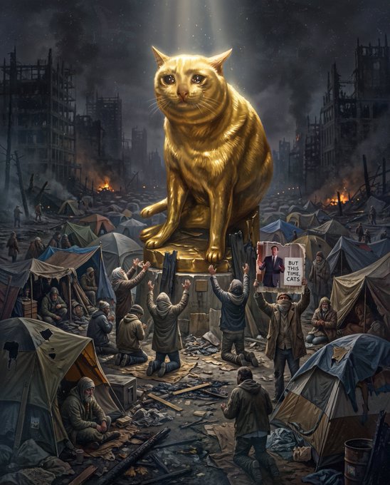 A massive golden cat statue looms over survivors in a war-torn, smoldering refugee camp, while worshippers kneel and a figure holds up a portrait of a woman with a sign reading "BUT THIS TIME CATS"—depicting the mythical "Cash Cat" or "Golden Cat" of wealth as an idol being reverently idolized amid devastation.