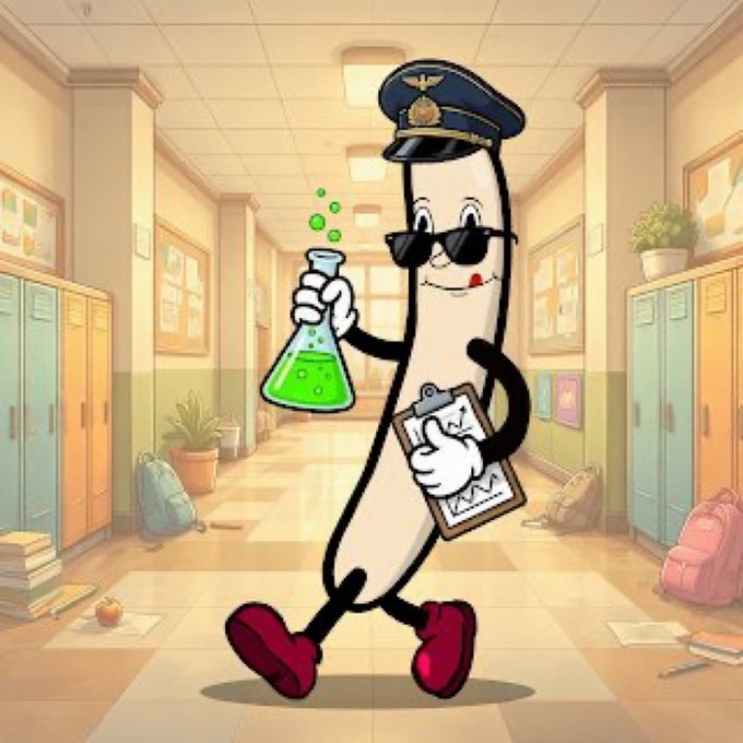 A cartoon "Big D" character, depicted as an elongated white figure wearing a military-style cap and sunglasses, walks through a school hallway while holding a green bubbling beaker and clipboard. The meme-style mascot playfully visualizes the "Big D" NFT project mentioned in the post, blending a scientific/laboratory aesthetic with the project's quirky branding.