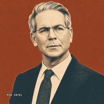 The image shows Treasury Secretary Scott Bessent in a stylized portrait with a red background, wearing a dark suit, white shirt, and dark tie with glasses. The "MSB INTEL" watermark appears in the bottom left corner, tying the image to breaking news about Bessent's advocacy for the CLARITY Act to expand Treasury's authority against evasion.
