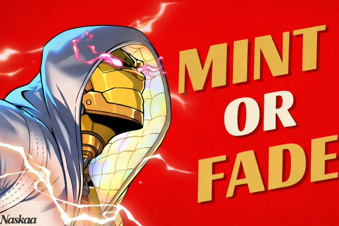 Digital artwork featuring a hooded figure with a golden robotic/masked face surrounded by lightning effects, with bold red background and text reading 'MINT OR FADE' by Naskaa.
