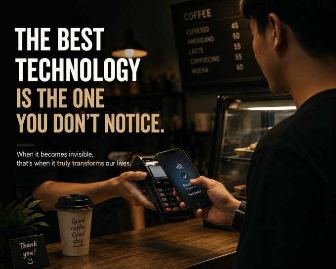 An advertisement displays the text 'THE BEST TECHNOLOGY IS THE ONE YOU DON'T NOTICE. When it becomes invisible, that's when it truly transforms our lives,' featuring a person making a contactless payment with their smartphone at a coffee shop counter with a coffee menu board.