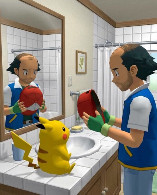 A 3D-rendered scene of Ash Ketchum from Pokémon holding a red and white Poké Ball while looking at Pikachu on a bathroom counter.