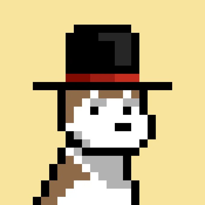 A pixel art image of a white dog with brown markings wearing a black top hat with a red band, set against a yellow background.
