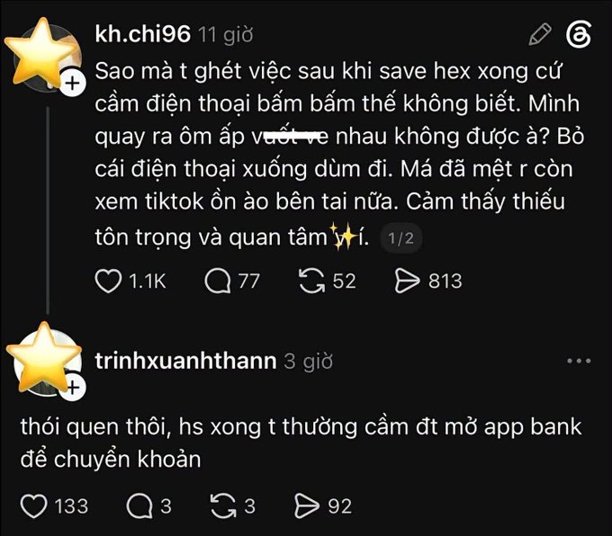 A screenshot of two Vietnamese-language X (formerly Twitter) posts from users @kh.chi96 (1.1K likes, posted 11 hours ago) and @trinhxuanhthann (133 likes, posted 3 hours ago) complaining about a partner who endlessly scrolls their phone after saving hex in a game, with the first post reaching 813 shares and featuring a "1/2" indicator suggesting more content follows. The accompanying statement appears to mock or criticize the online commentators discussing relationship grievances, suggesting these X users are the ultimate authorities on such matters.
