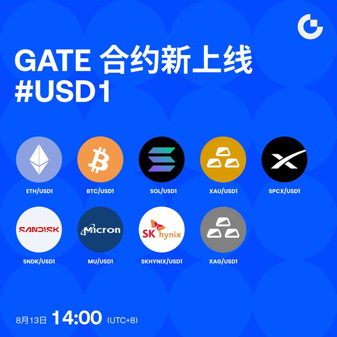 A blue promotional graphic for Gate announcing new contracts (合约新上线) for USD1, listing crypto pairs like ETH/USD1, BTC/USD1, and SOL/USD1, scheduled for August 13th at 14:00 (UTC+8).