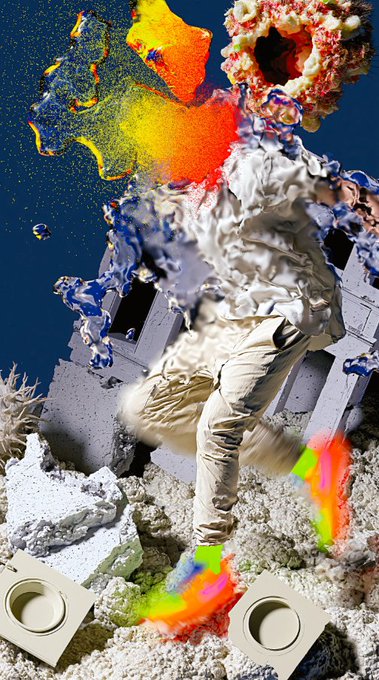 A surreal 3D digital artwork features a figure in a hazmat suit and gas mask whose body appears to dissolve into colorful liquid splashes, positioned on rocky terrain with two speakers below against a blue sky.