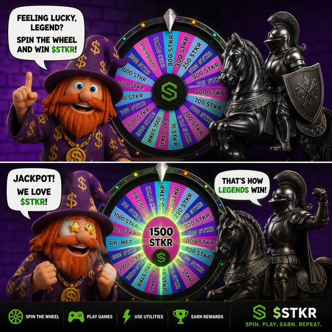 A two-panel promotional graphic for '$STKR' featuring a leprechaun and knight characters around a spinning prize wheel with rewards up to 1500 $STKR, including text 'FEELING LUCKY, LEGEND? SPIN THE WHEEL AND WIN $STKR!' and 'SPIN. PLAY. EARN. REPEAT.'