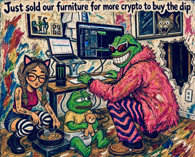 A cartoonish painting with the text "Just sold our furniture for more crypto to buy the dip" showing a girl cooking, a sad Pepe frog holding a teddy bear, and a grinning figure in a pink fur coat using a computer with a Monster energy drink nearby.