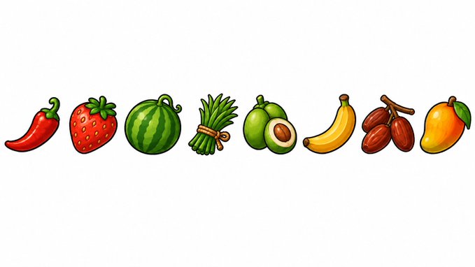 The image displays a colorful row of cartoon-style fruits and vegetables, including a chili pepper, strawberry, watermelon, green onions, coconut, banana, dates, and mango. The accompanying post about CiDi Games and Elf Continent appears unrelated to the image content, as the playful produce illustration doesn't connect to gaming platforms or Pi ecosystem projects.