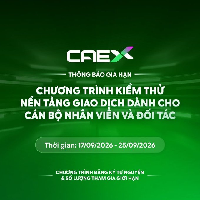 A green announcement graphic from CAEX extends its Trading Platform Beta Testing Program for staff and partners, now running from September 17 to September 25, 2026, noting that registration is voluntary and limited in spots.