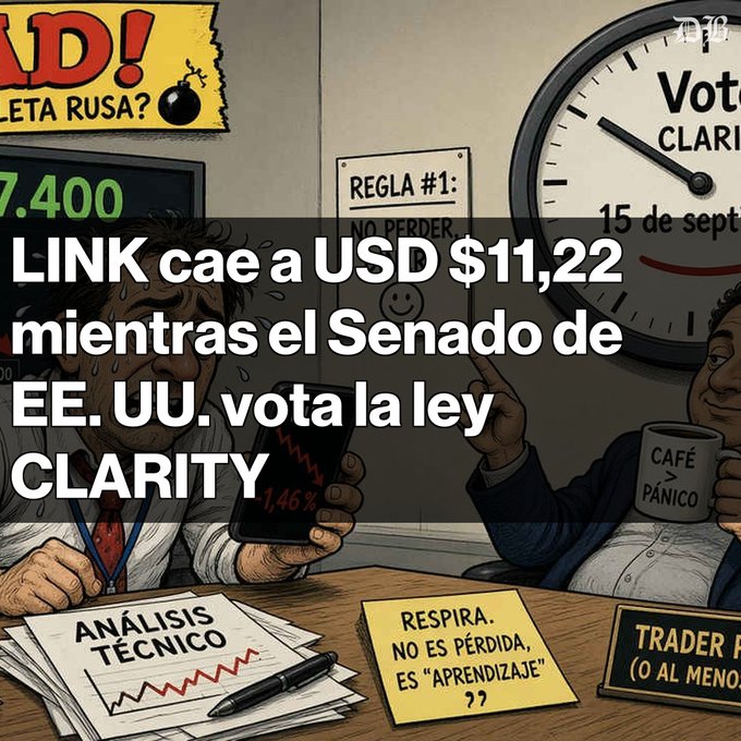 A Spanish-language cartoon showing stressed traders with a coffee labeled 'CAFÉ DE PÁNICO', featuring text about LINK falling to $11.22 while the U.S. Senate votes on the CLARITY Act on September 15th.
