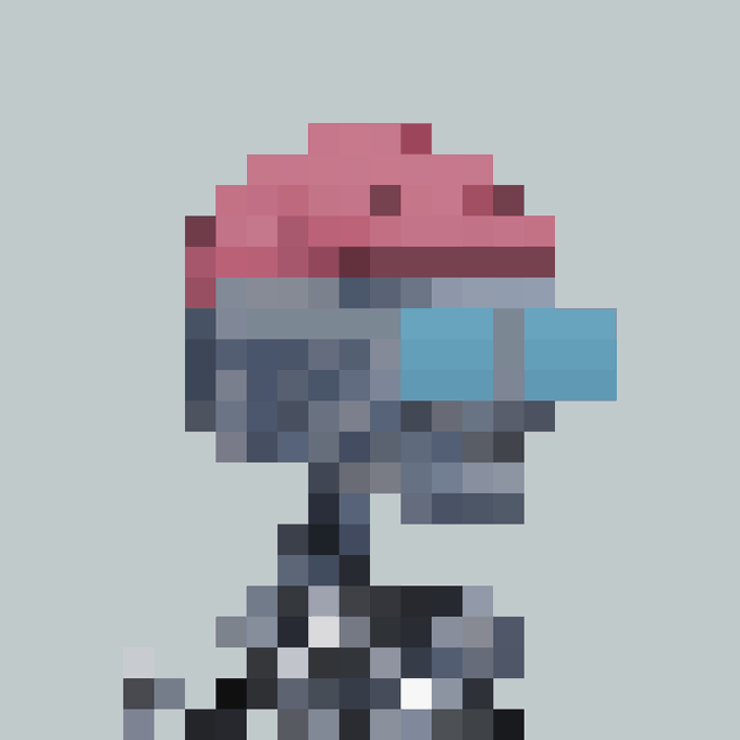 A pixel art character from the "Argonaut #7717" NFT collection, featuring a figure with a pink helmet and blue visor, sold for 0.59 ETH to l00plus.eth.