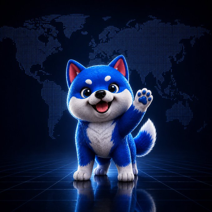 A cheerful blue and white Shiba Inu puppy waves warmly with its paw raised, set against a dark backdrop featuring a pixelated world map and glowing blue grid floor. The friendly mascot and global imagery symbolize the team's worldwide community connection and steady, behind-the-scenes progress—reinforcing the message that building strong foundations takes time but will lead to greater strength ahead.