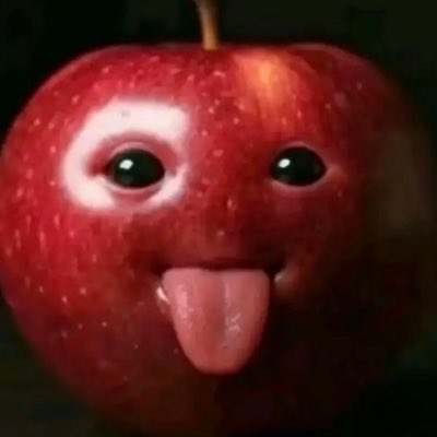 A surreal digital image of a red apple with human-like eyes and a protruding pink tongue against a dark background.
