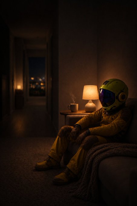 A person in a yellow spacesuit with a green and black helmet sits on a couch in a dimly lit room, next to a side table with a warm lamp and a steaming mug, while a hallway with city lights at night is visible in the background.