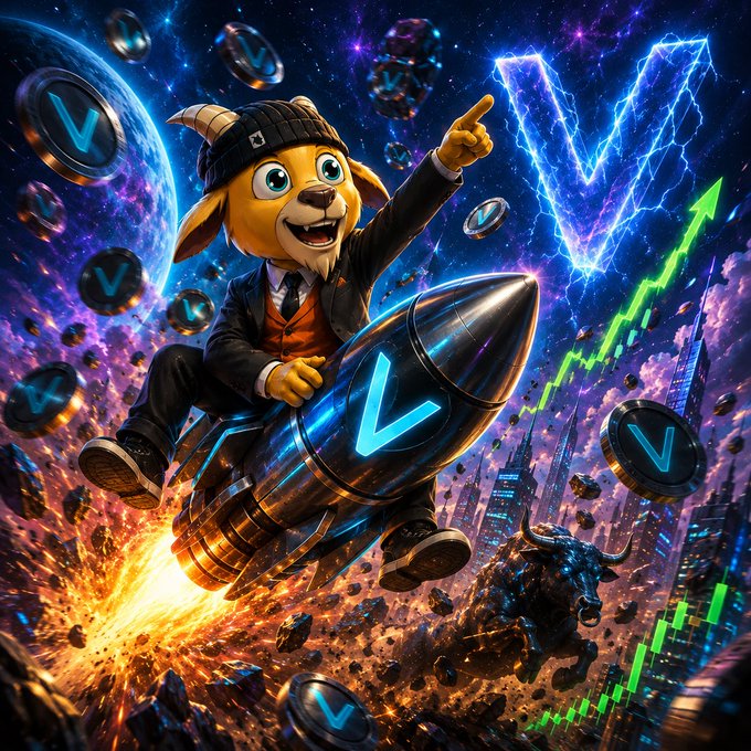 A vibrant digital artwork of an anthropomorphic goat in a business suit and beanie riding a rocket ship through space, surrounded by 'V' coin tokens, with lightning forming a 'V' shape and a green stock chart arrow pointing upward.