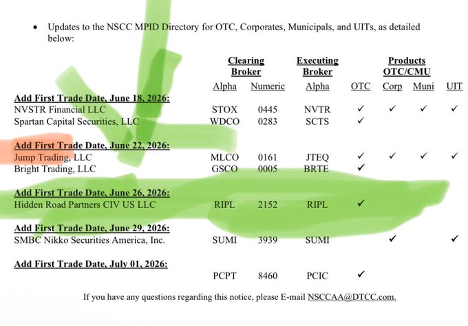 The image is a DTCC notice announcing updates to the NSCC MPID Directory, with green highlights and arrows emphasizing several add dates—including Hidden Road Partners CIV US LLC (RIPL/2152) set for a June 26, 2026 first trade date—directly tying into the post's focus on Ripple's Hidden Road activation going live within DTCC infrastructure alongside Ripple Prime, RLUSD, and related TradFi bridging milestones.