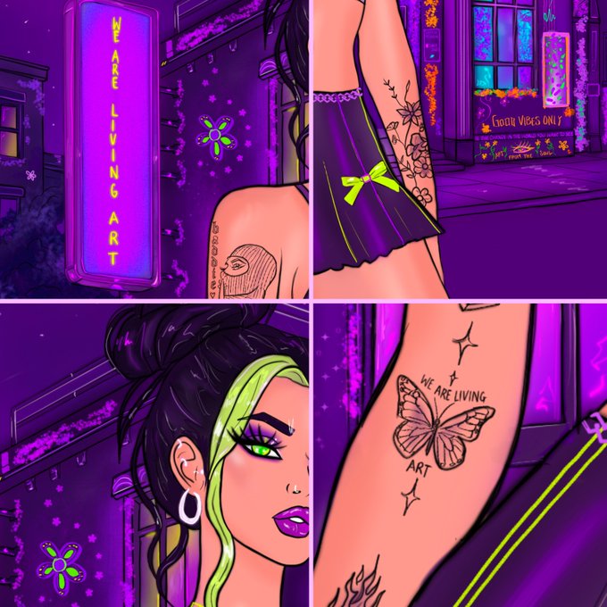 The image showcases a four-panel preview of a vibrant purple-toned illustration featuring a tattooed woman with neon green hair, floral ink including a butterfly tattoo reading "WE ARE LIVING ART," and a glowing sign that also displays "WE ARE LIVING ART," teasing the upcoming drop teased in the post.