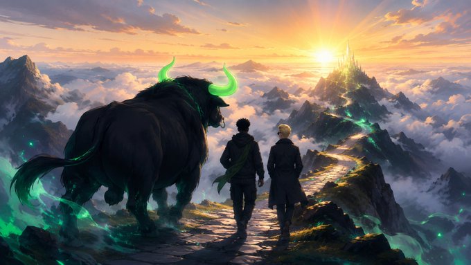 Two travelers and a large black beast with glowing green horns stand at a mountain's edge, gazing toward a distant castle bathed in golden sunrise light. The epic fantasy scene mirrors the post's triumphant "memecoin szn" mood, portraying the journey toward a hopeful new horizon.