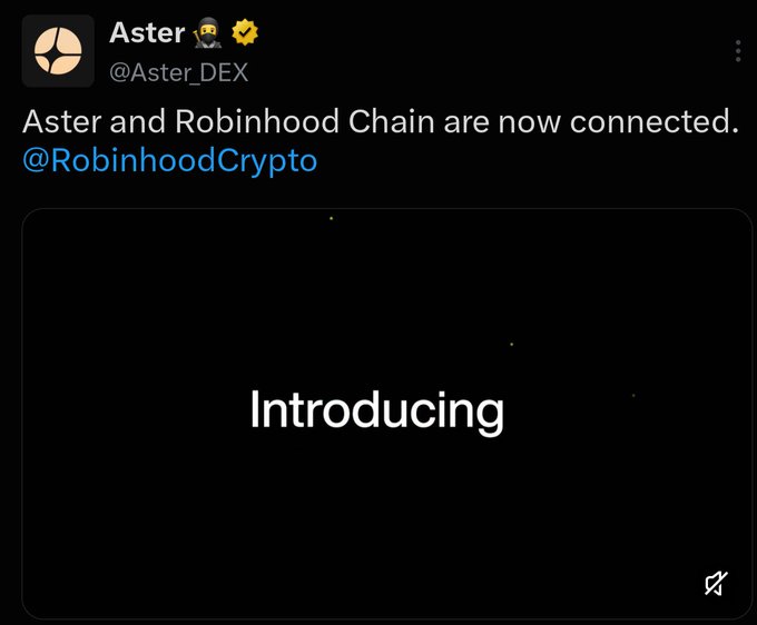 A tweet from Aster (@Aster_DEX) announces "Aster and Robinhood Chain are now connected," tagging @RobinhoodCrypto, with an attached image displaying the word "Introducing" on a dark background. The post highlights the irony of Robinhood Chain rapidly onboarding new connections like Aster while Cosmos Hub has reportedly waited over a year for a connection to Solana or any Ethereum L2.