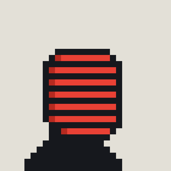 A pixel art illustration of a dark gray microphone with red horizontal bands across the grille.