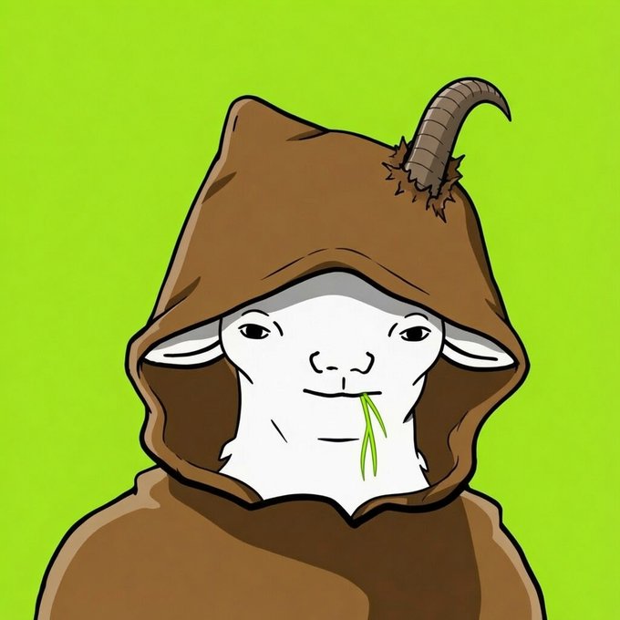 A cartoon goat wearing a brown hood and eating grass is featured, likely representing the $GOATIE token mentioned in the accompanying post about its launch on Robinhood Chain.
