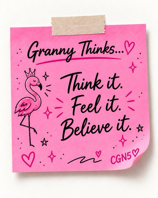 A pink sticky note design featuring the motivational quote 'Granny Thinks... Think it. Feel it. Believe it.' decorated with a flamingo illustration, hearts, stars, and a 'CGN5' signature.