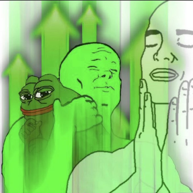 The image features an illustration with a green frog as the main subject. The frog is depicted in various poses, including one where it appears to be hugging another figure - likely a person or a woman. The background of the image consists of green arrows pointing upwards, creating a sense of movement and direction. The caption below the image reads "People front-ran this by about 10K BTC worth of shorts, it was known for a while. I've been waiting for this." This suggests that the frog is being used as an advertisement or promotion for a product related to shorts.
