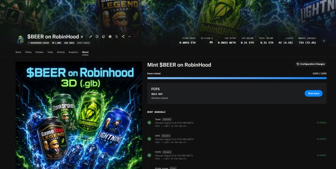 A screenshot of a website for '$BEER on RobinHood' (a RobinHood Chain token), showing a 3D promotional graphic of beer cans alongside minting details including FCFS status and mint schedule.