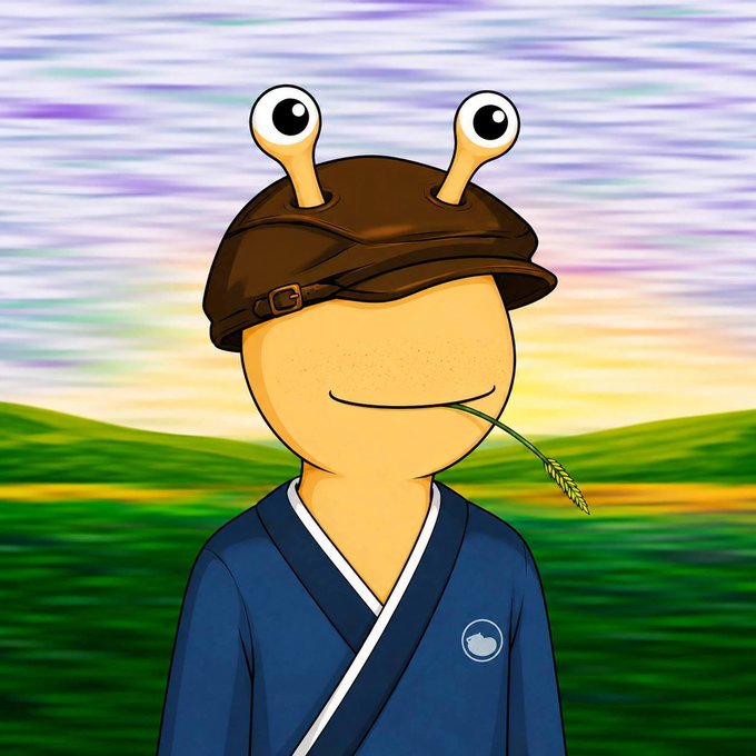 A cartoon snail with a brown shell-shaped hat holds a stalk of wheat in its mouth, wearing a blue kimono featuring an apple logo on the chest against a green field and colorful sky backdrop—likely serving as a mascot for the "Anomalies on ETH" giveaway promotion.