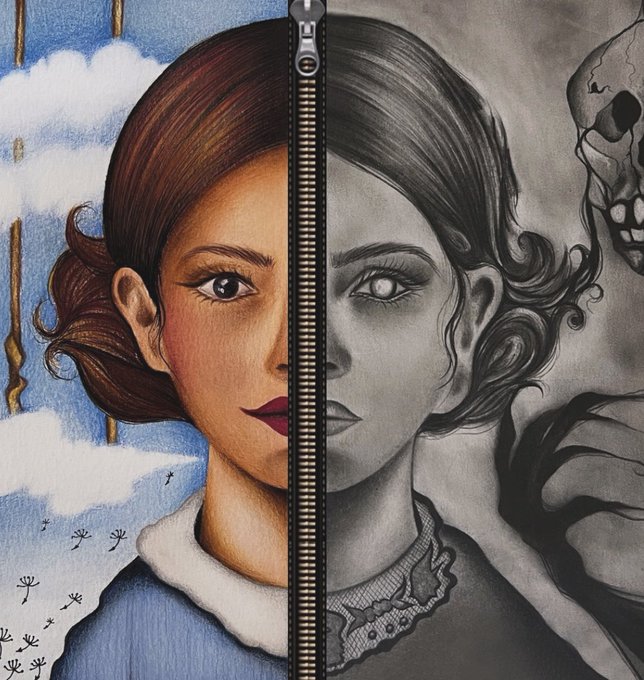 A split illustration of a woman's face divided by a zipper, showing a colorful, lively side on the left and a dark, skeletal side on the right.