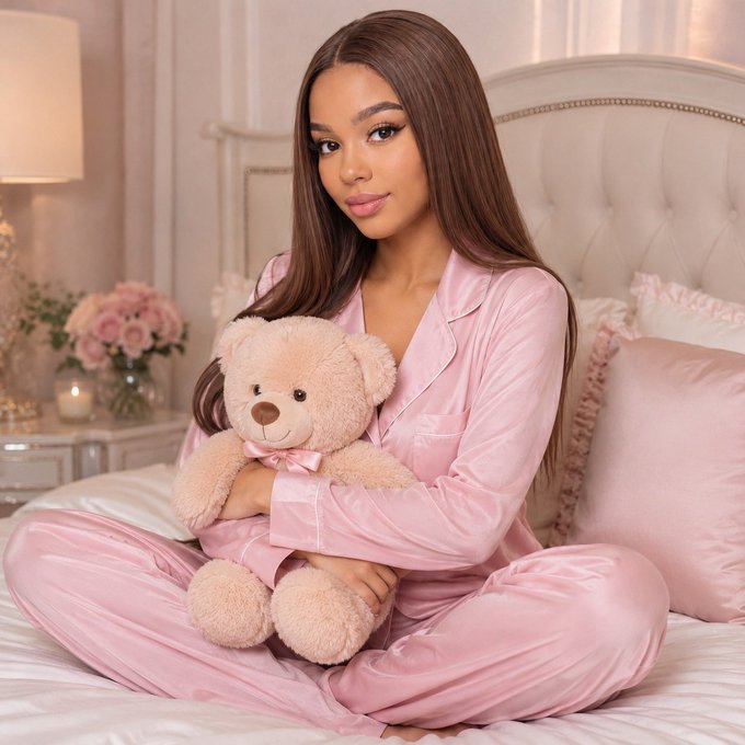 The image features a woman sitting on a bed, wearing a pink pajama set that includes a teddy bear as part of her outfit. She holds the teddy bear close to her chest while posing for the photo. The background shows a white bedspread and a lamp, creating an elegant and cozy atmosphere in the room.