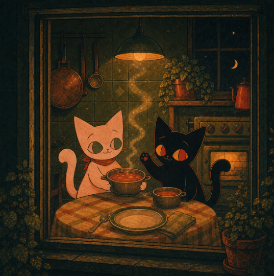 A cozy, dimly-lit illustration showing a white cat and a black cat sitting at a table in a kitchen, eating from steaming bowls under a warm lamp.