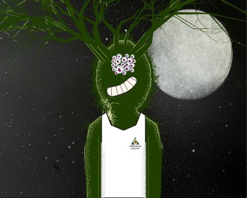 A whimsical illustration of a green creature with tree-like antlers, a cluster of pink eyes, and a wide toothy grin, wearing a white tank top with a small logo, set against a dark starry night sky with a large full moon.