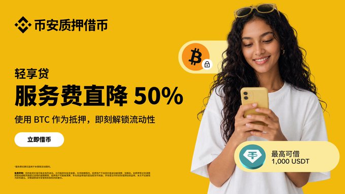 A Binance promotional advertisement with a yellow background features a smiling woman looking at her smartphone, alongside Chinese text promoting "币安质押借币" (Binance Collateralized Borrowing) with a 50% service fee discount (服务费直降 50%), offering up to 1,000 USDT in credit using BTC as collateral, aligning with the Binance Light Lending campaign details.