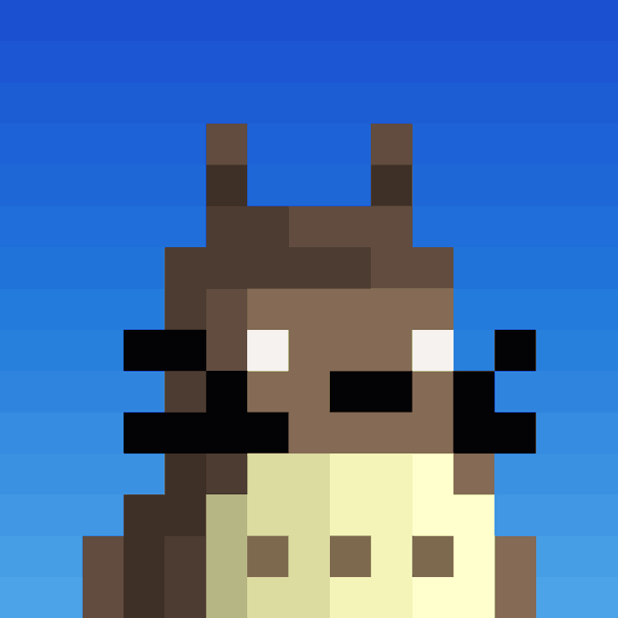 A pixel art style illustration of a brown fox-like creature with white eyes wearing a yellow shirt against a blue gradient background.