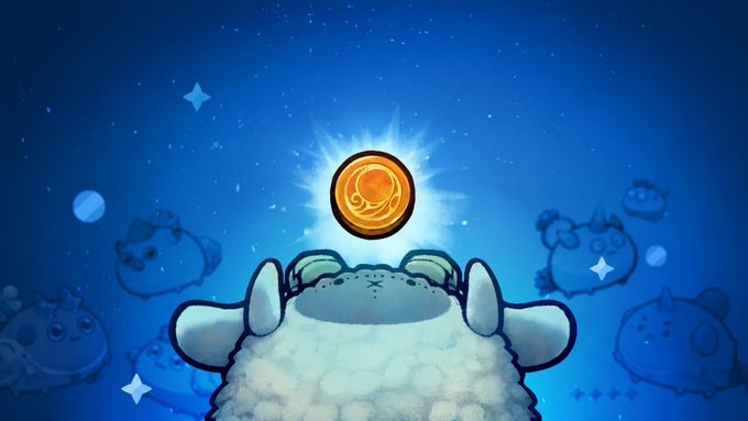 An illustration of a sheep viewed from below gazing up at a glowing gold coin against a starry blue background, with faint sheep silhouettes in the distance.