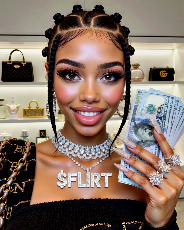 The image features a woman with black hair, wearing a black dress and holding money. She has a name tag that says "SFLIRT" written on her chest. The background includes a display of purses and handbags, suggesting that she might be in a store or a similar setting where these items are sold.