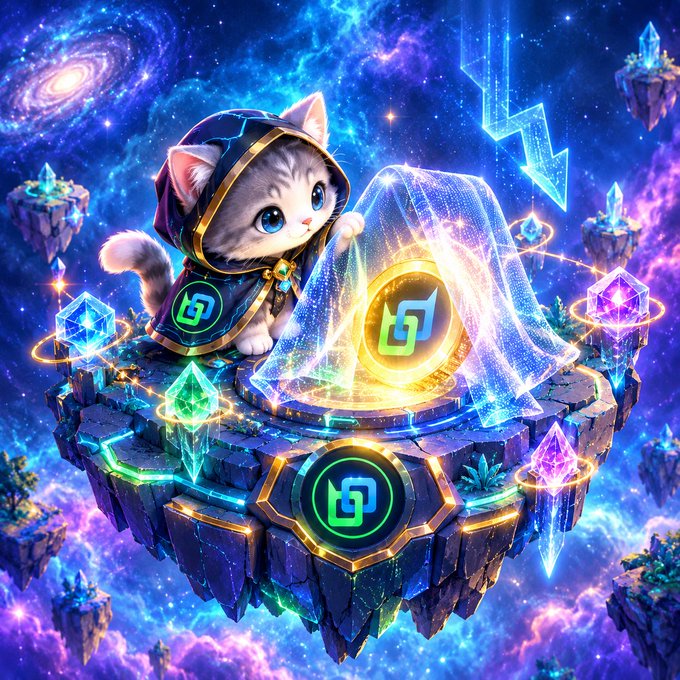 A vibrant, fantasy-style digital artwork of a cute hooded kitten in a starry cosmic setting, lifting a cloth to reveal a glowing golden crypto coin on a floating island surrounded by colorful crystals.
