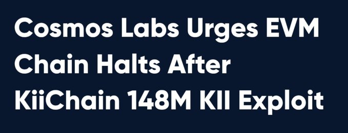 Headline on a dark blue background reading: 'Cosmos Labs Urges EVM Chain Halts After KiiChain 148M KII Exploit'.