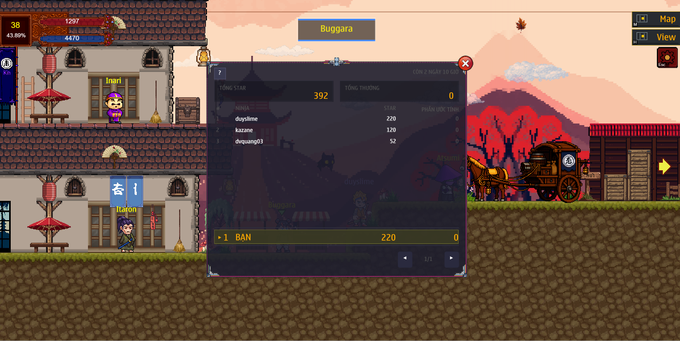 A pixel-art game interface showing a clan ranking window titled 'Clan & Right Setting' for 'Buggara' with 'TOTAL STARS: 392', listing members like 'BAN' (220 stars), 'duydienne' (220), and 'kazzane' (120), alongside 'INGOT' (1297) and gold (4470) balances.