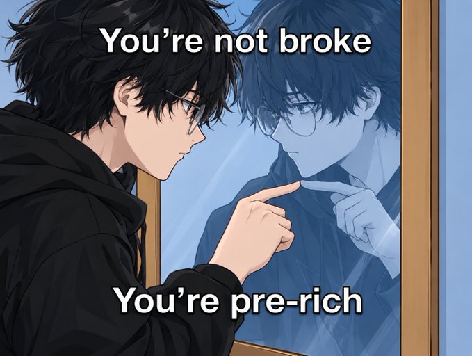 Anime-style illustration of a young man pointing at his reflection in a mirror, with text reading 'You're not broke' at the top and 'You're pre-rich' at the bottom.