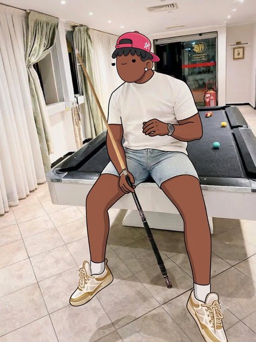 A cartoon-style illustration of a person in a white t-shirt, denim shorts, and red cap sitting on a pool table holding a cue stick.